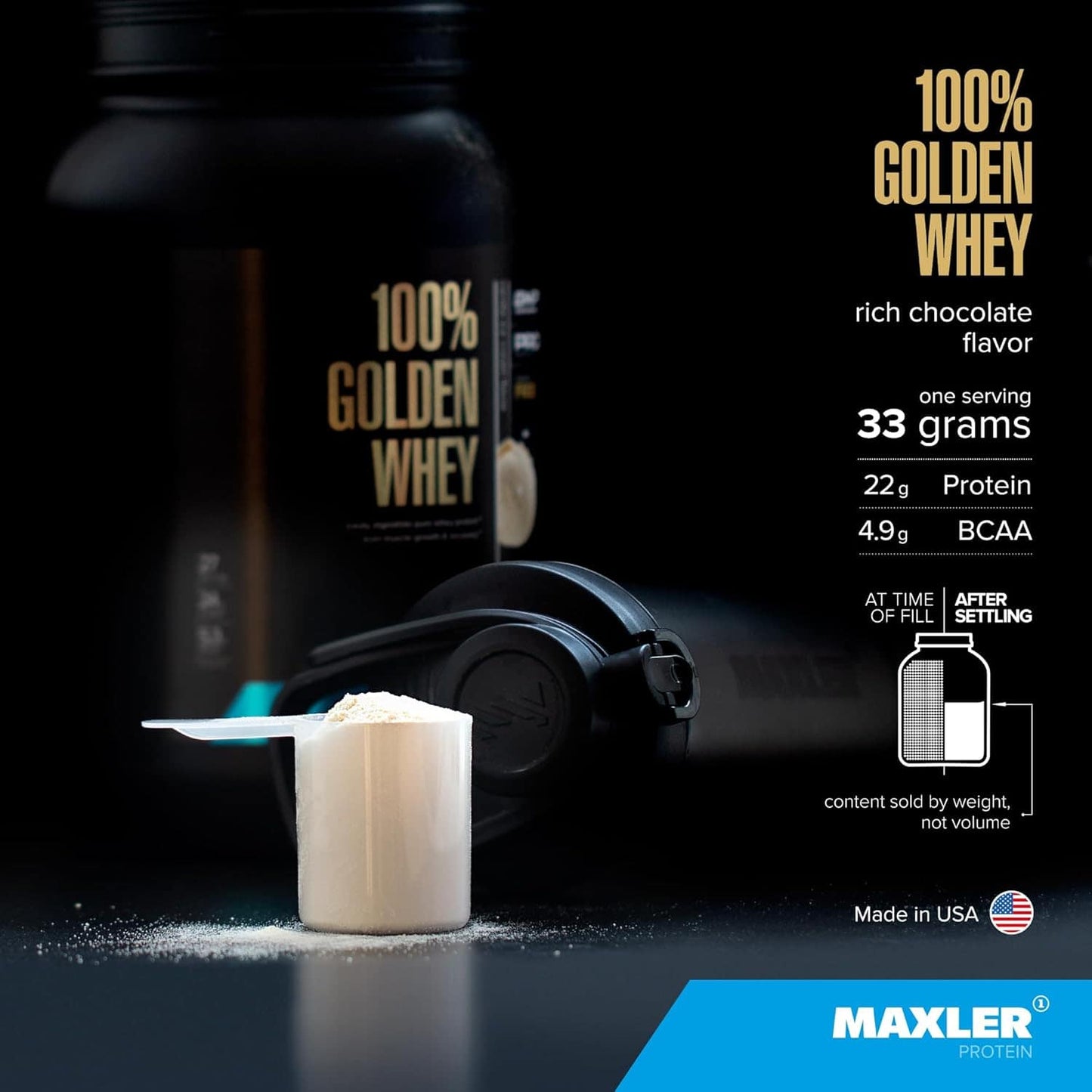 Maxler 100% Golden Whey protein powder container with scoop and powder on a dark background