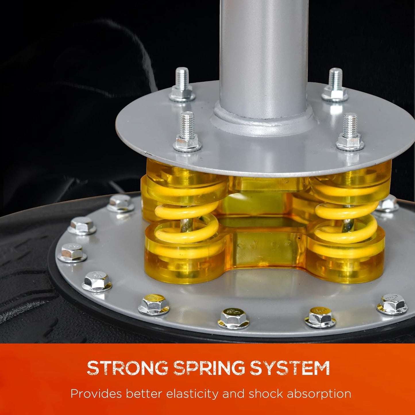 Strong spring system with yellow springs and metal components on a dark background