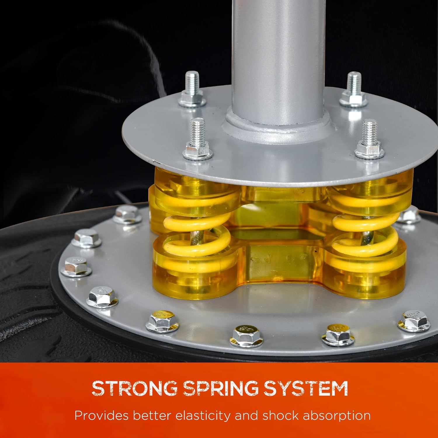 Strong spring system with yellow springs and metal components on a dark background