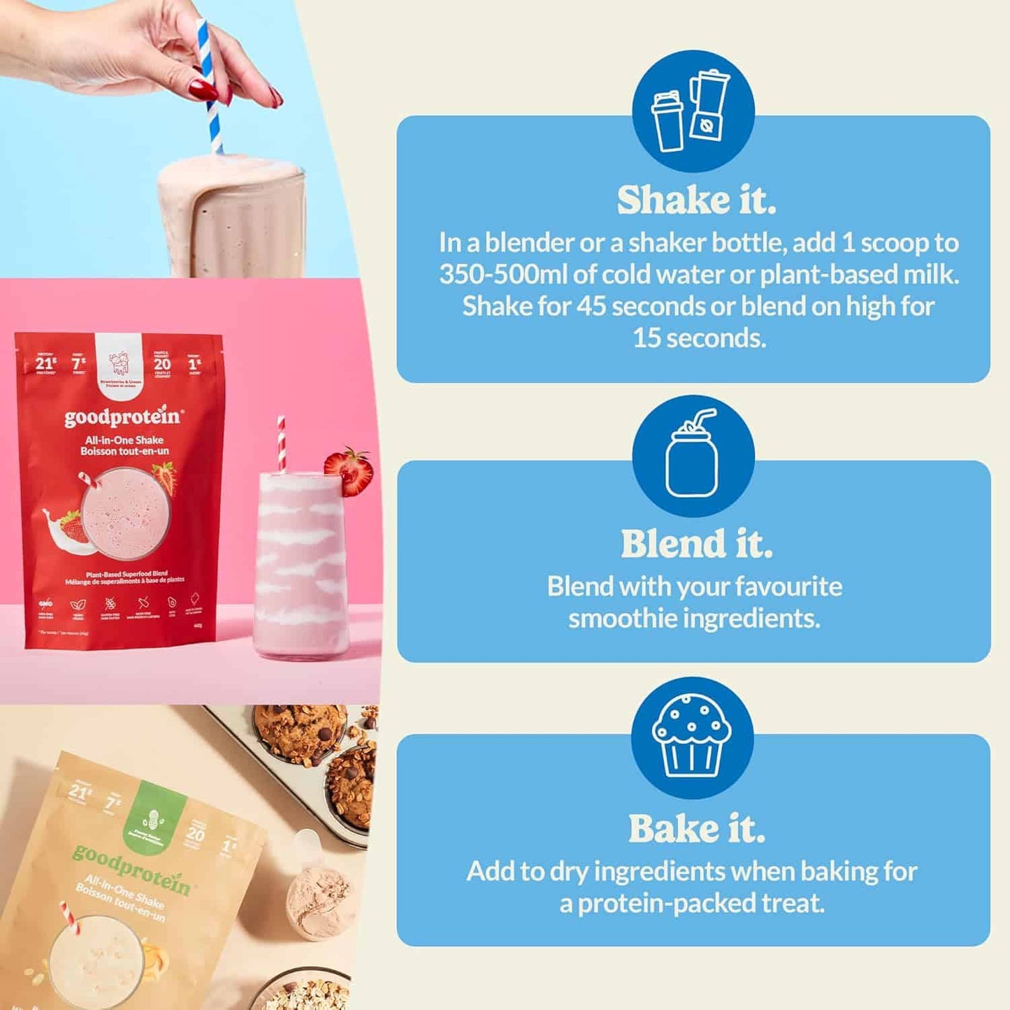 Instructions for using goodprotein powder to make a smoothie, bake, or shake.