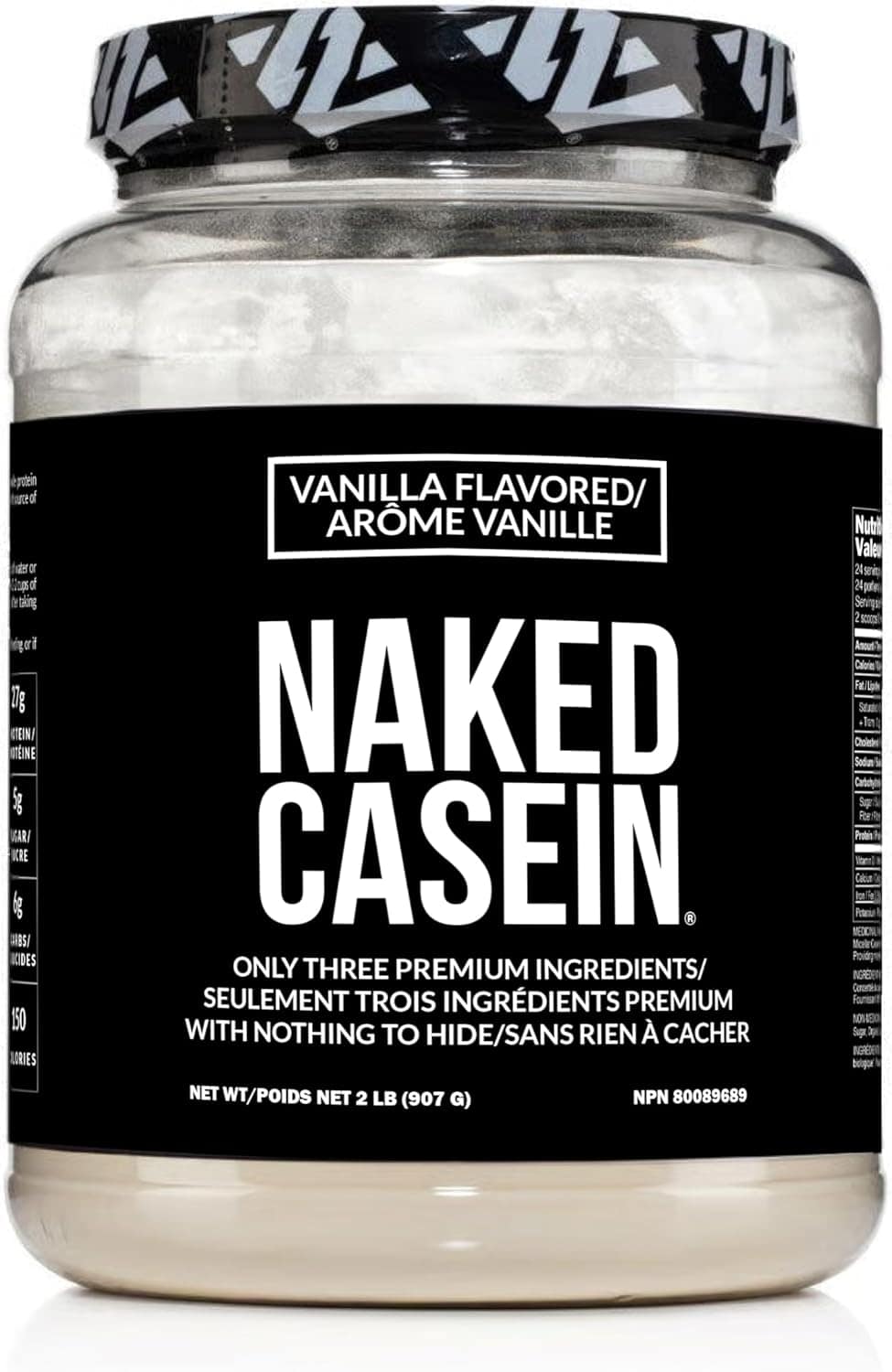 Naked Casein protein powder jar with black label on a white background