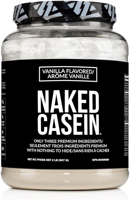Naked Casein protein powder jar with black label on a white background