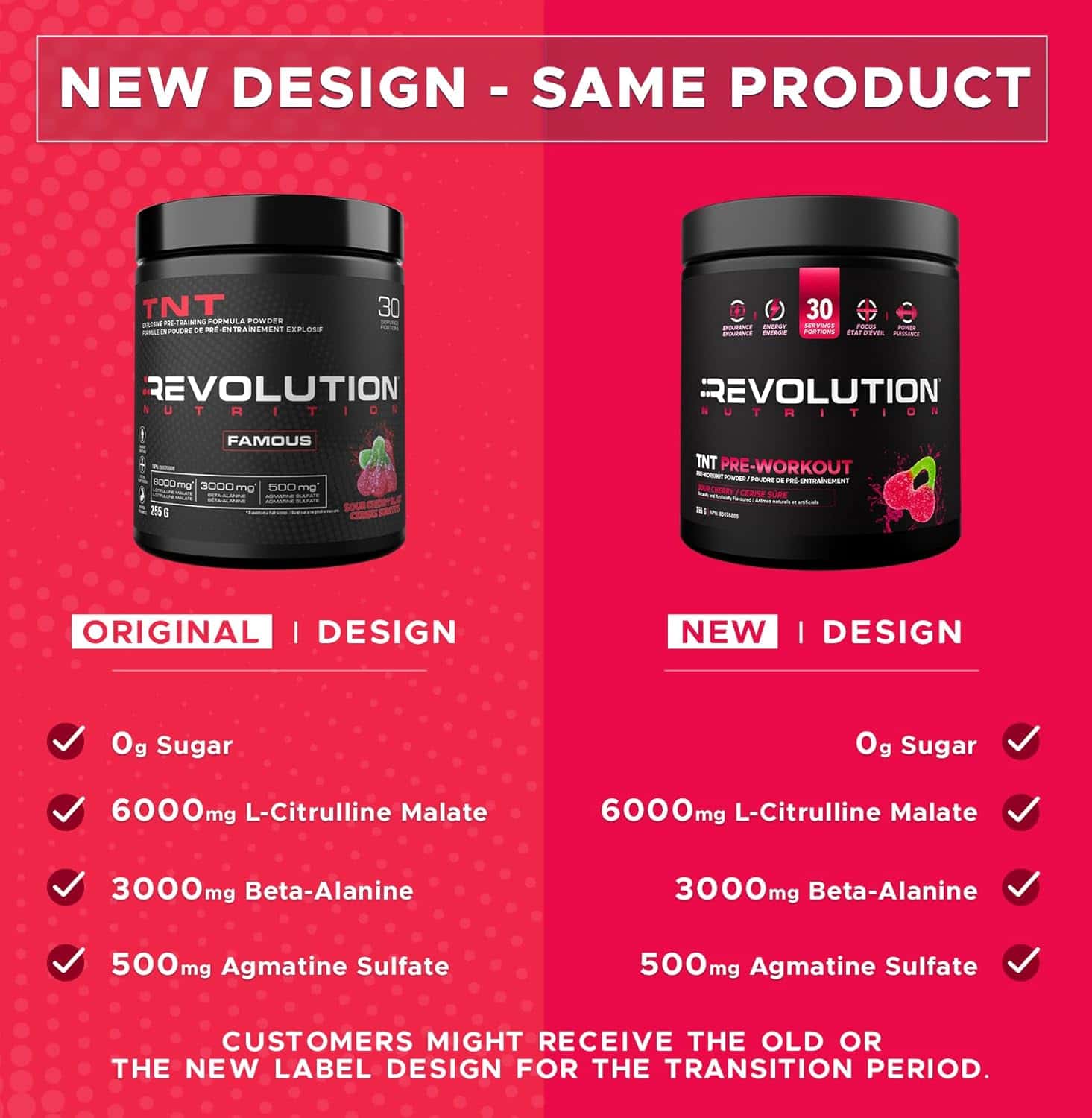 Comparison of Revolution Nutrition pre-workout supplement containers with original and new designs on a red background.