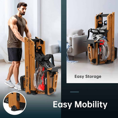 Man using a wooden rowing machine with text 'Easy Storage' and 'Easy Mobility'.