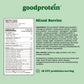 GoodProtein Mixed Berries supplement label with nutrition facts and ingredients list on a green background.
