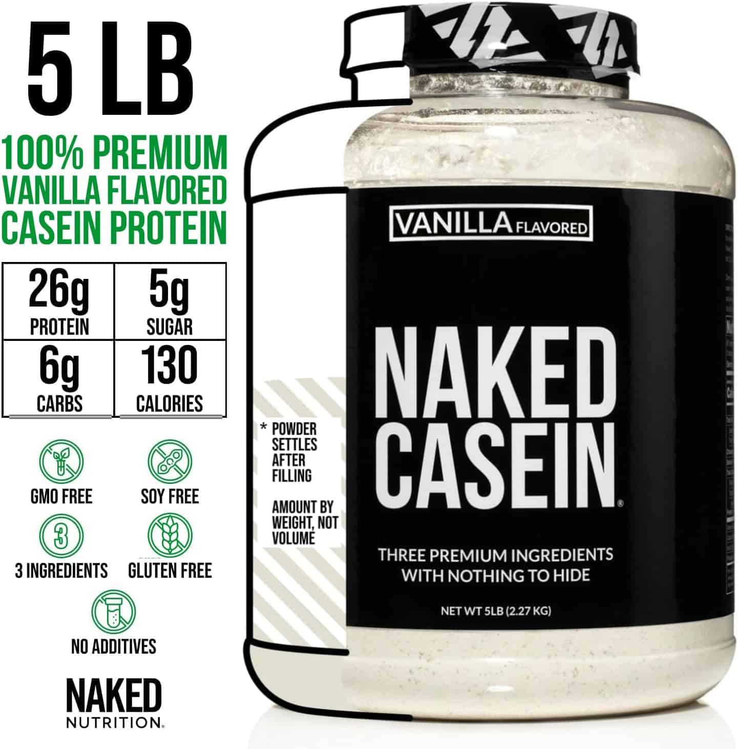 Vanilla-flavored casein protein powder container with label displaying nutritional information and brand name.