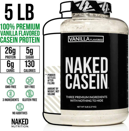 Vanilla-flavored casein protein powder container with label displaying nutritional information and brand name.