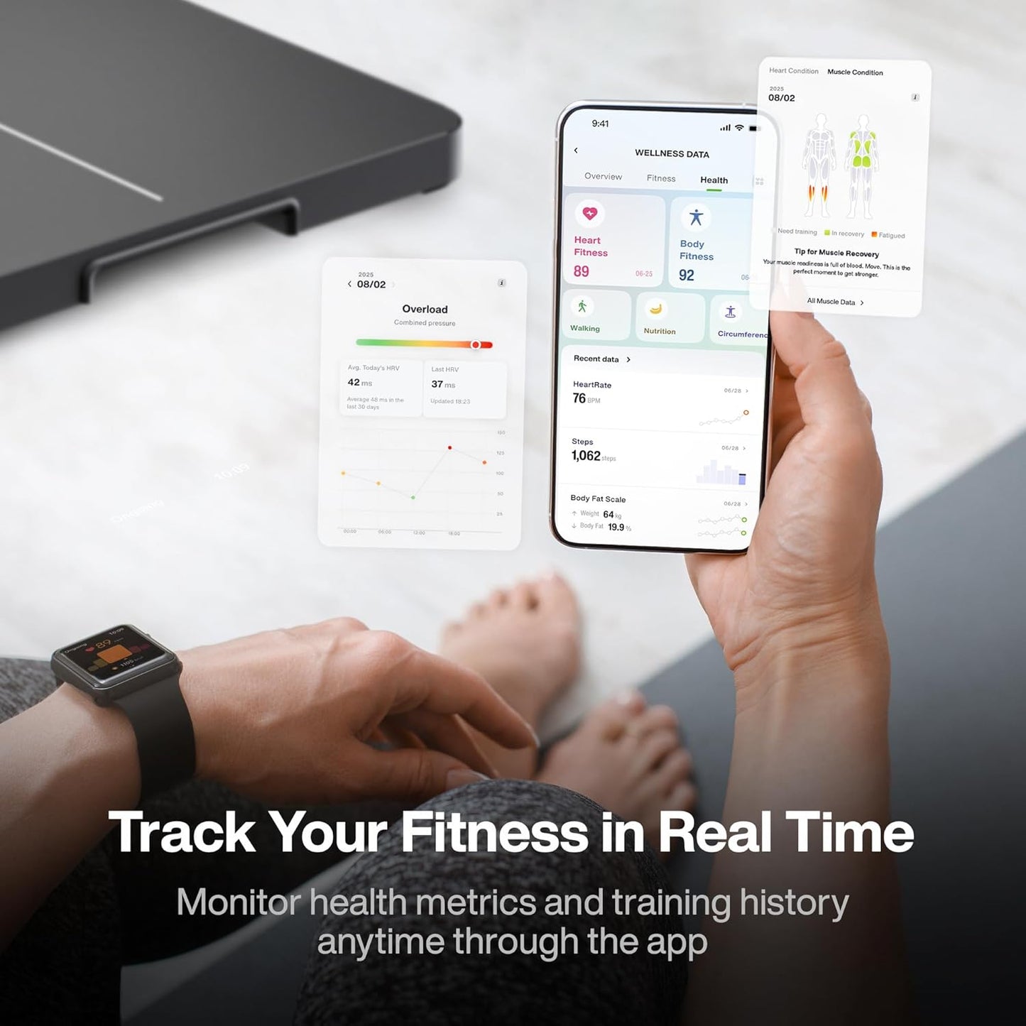 Person using a smartphone app to track fitness metrics with a smartwatch on a desk.