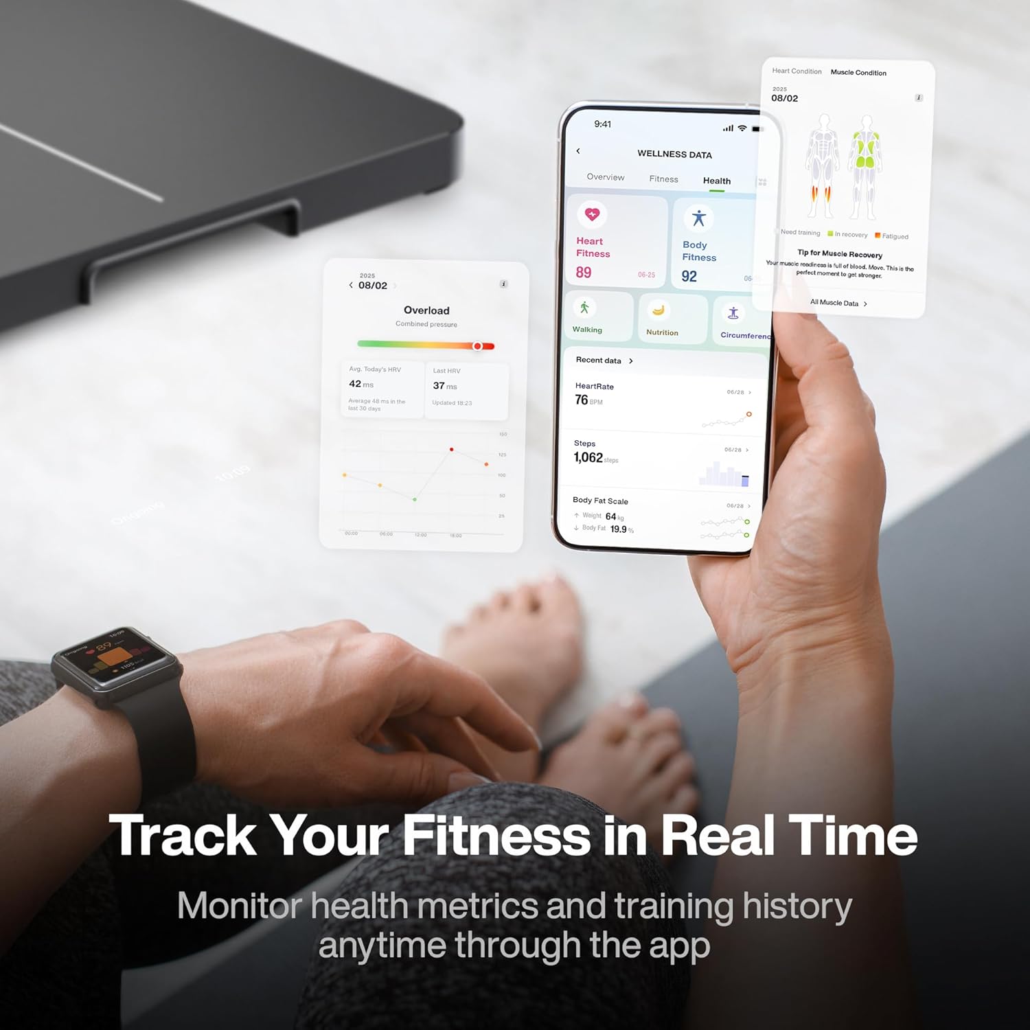 Person using a smartphone app to track fitness metrics with a smartwatch on a desk.