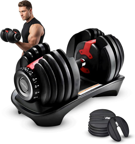 52.5 Lb Adjustable Dumbbell: Adjusts from 5-52.5 Lbs ; 15 Adjustable Weight Settings, COMPACT, SPACE EFFICIENT and EASY to USE