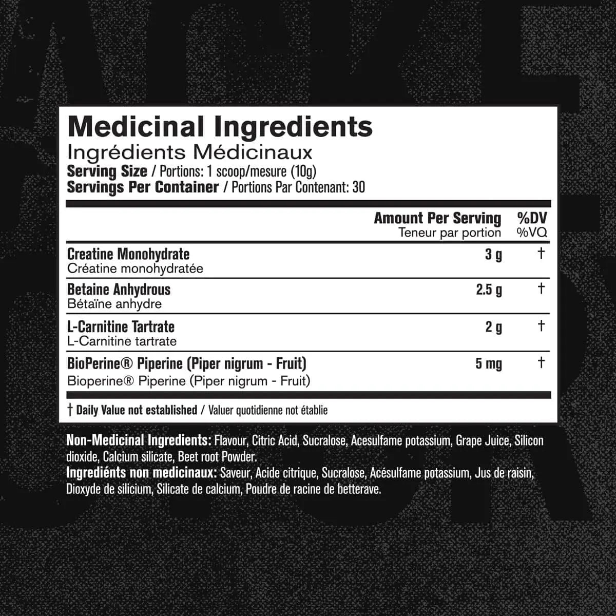 Nutritional label with medicinal ingredients on a black background