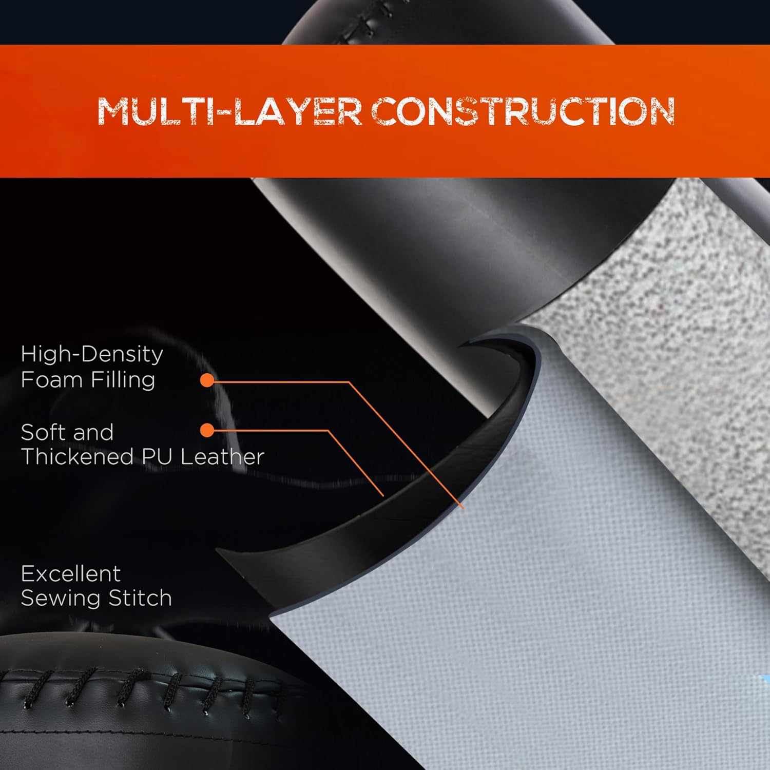 Black car seat cover with text highlighting multi-layer construction features on a dark background.