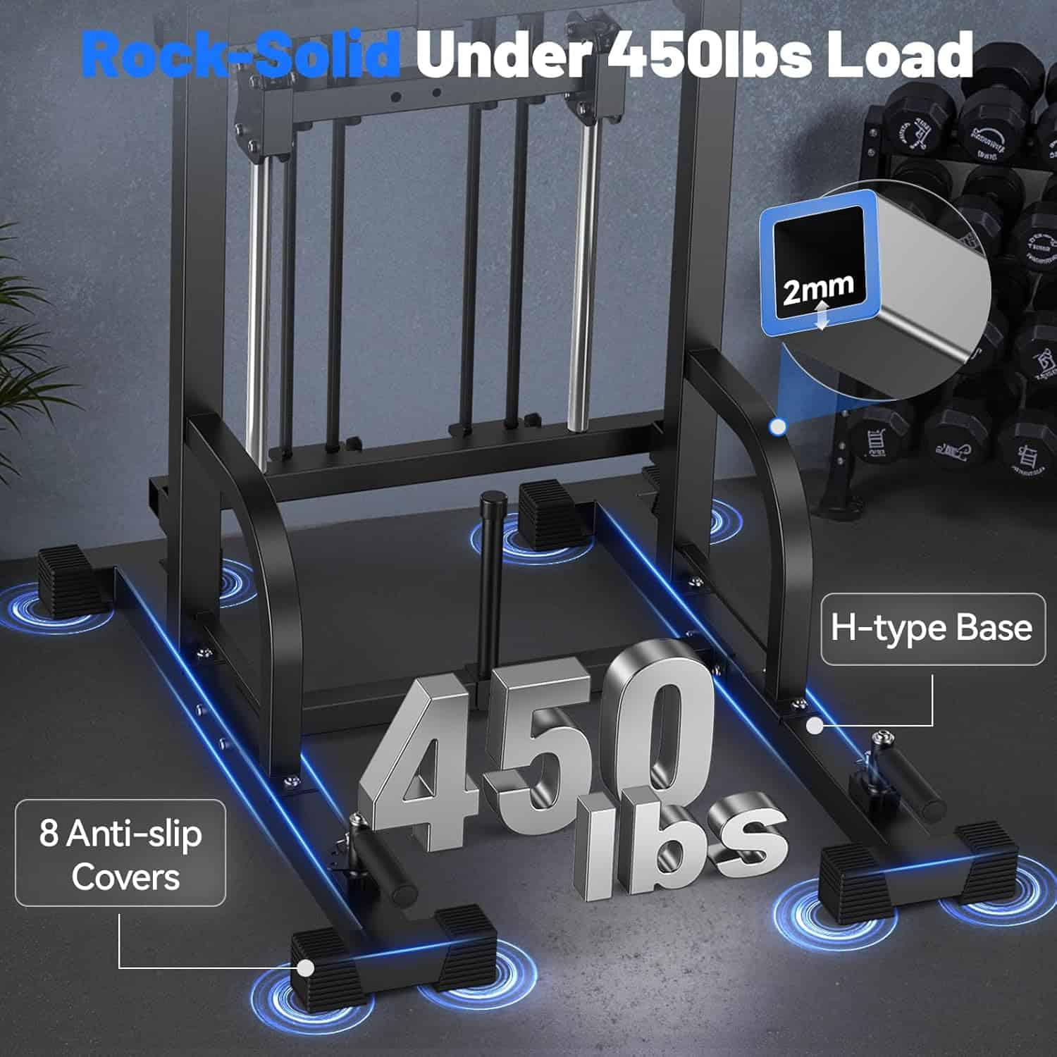 Gym equipment with text indicating load capacity and features on a dark background
