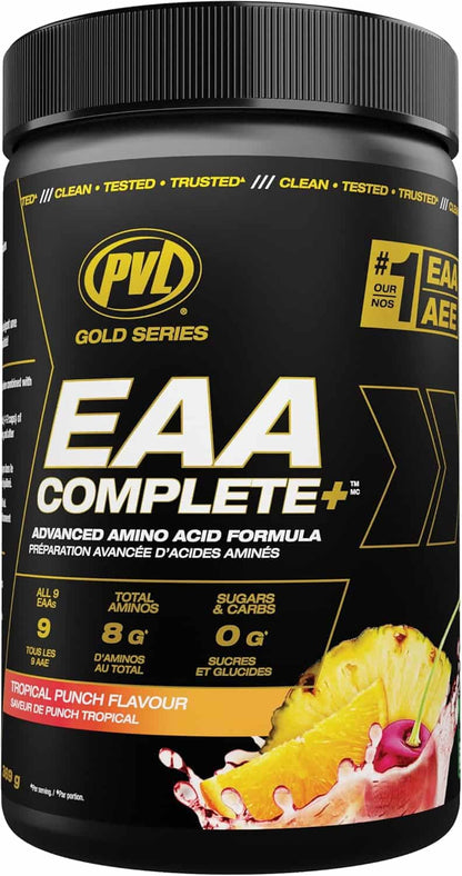 Black container of PVD Gold Series EAA Complete+ supplement with pineapple and fruit illustration.