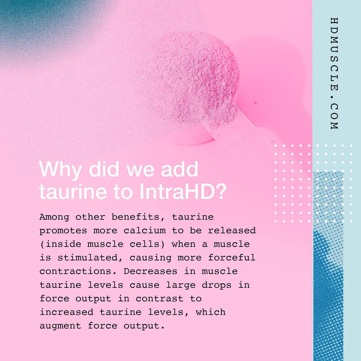Promotional graphic for IntraHD with text about taurine addition on a pink and blue gradient background.