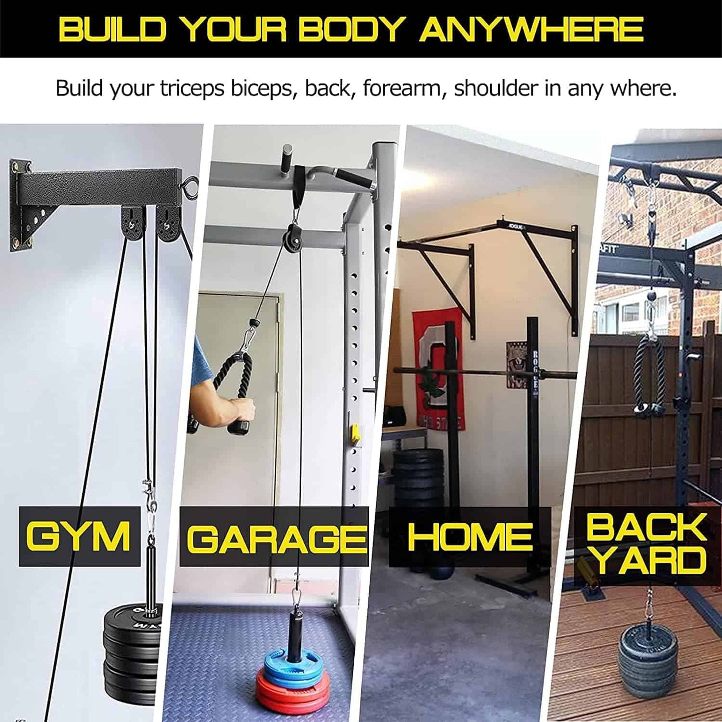 Gym equipment set up in various locations including gym, garage, home, and backyard with text 'Build your body anywhere'.
