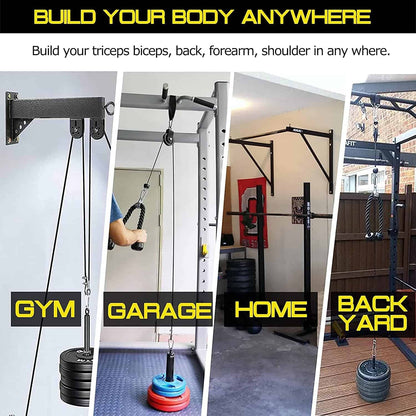 Gym equipment set up in various locations including gym, garage, home, and backyard with text 'Build your body anywhere'.