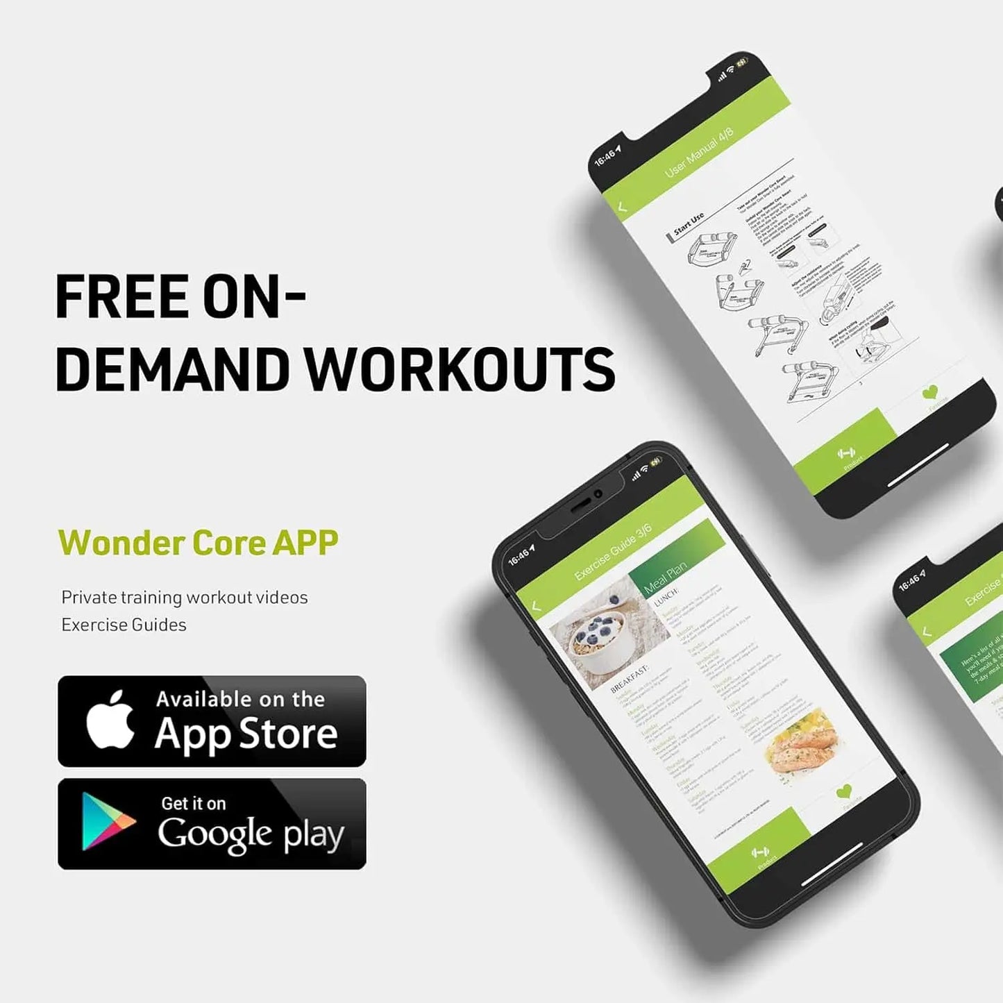 Advertisement for Wonder Core APP with smartphone displaying app interface on a white background