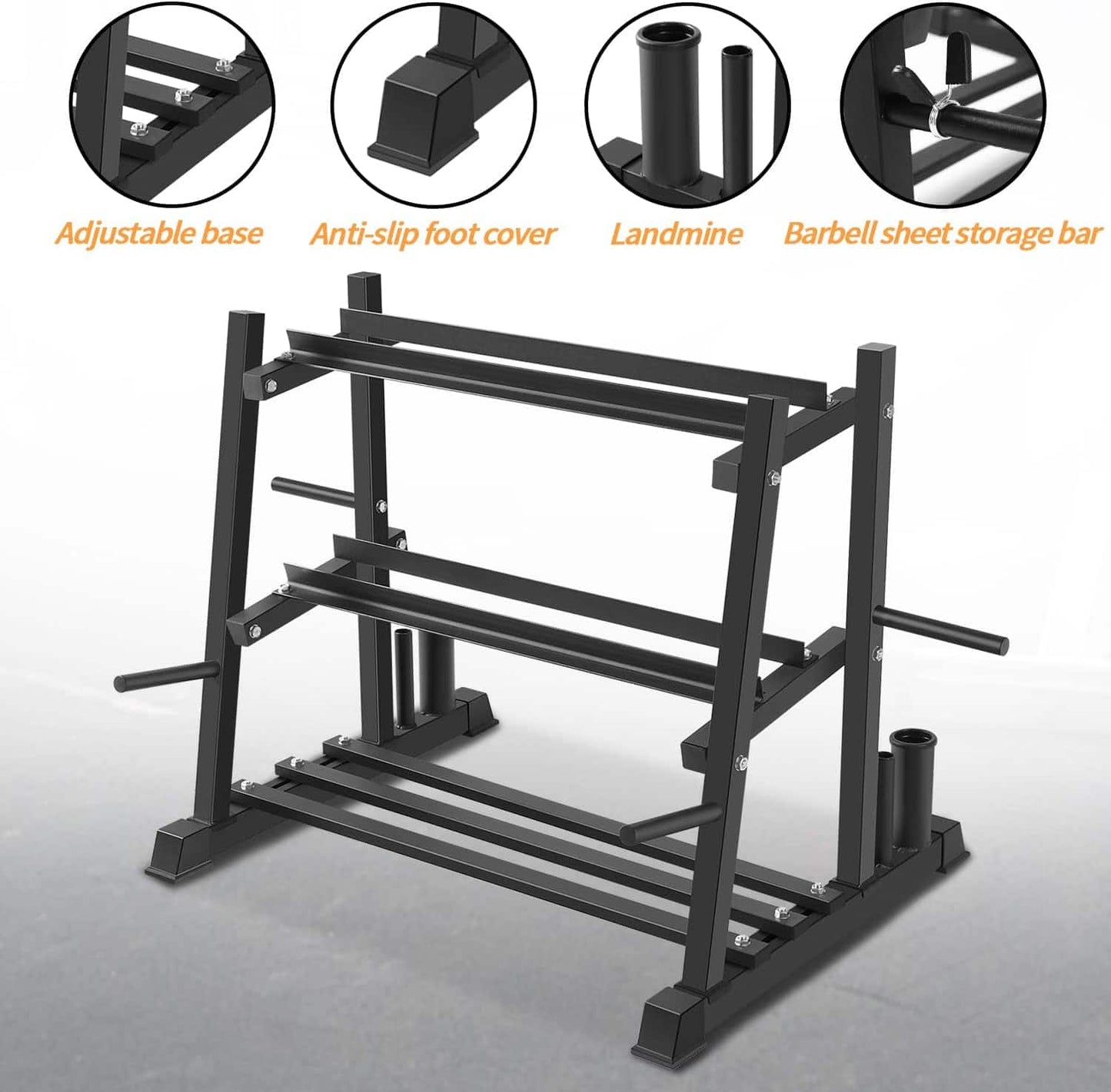 Black weightlifting rack with features highlighted on a gray background