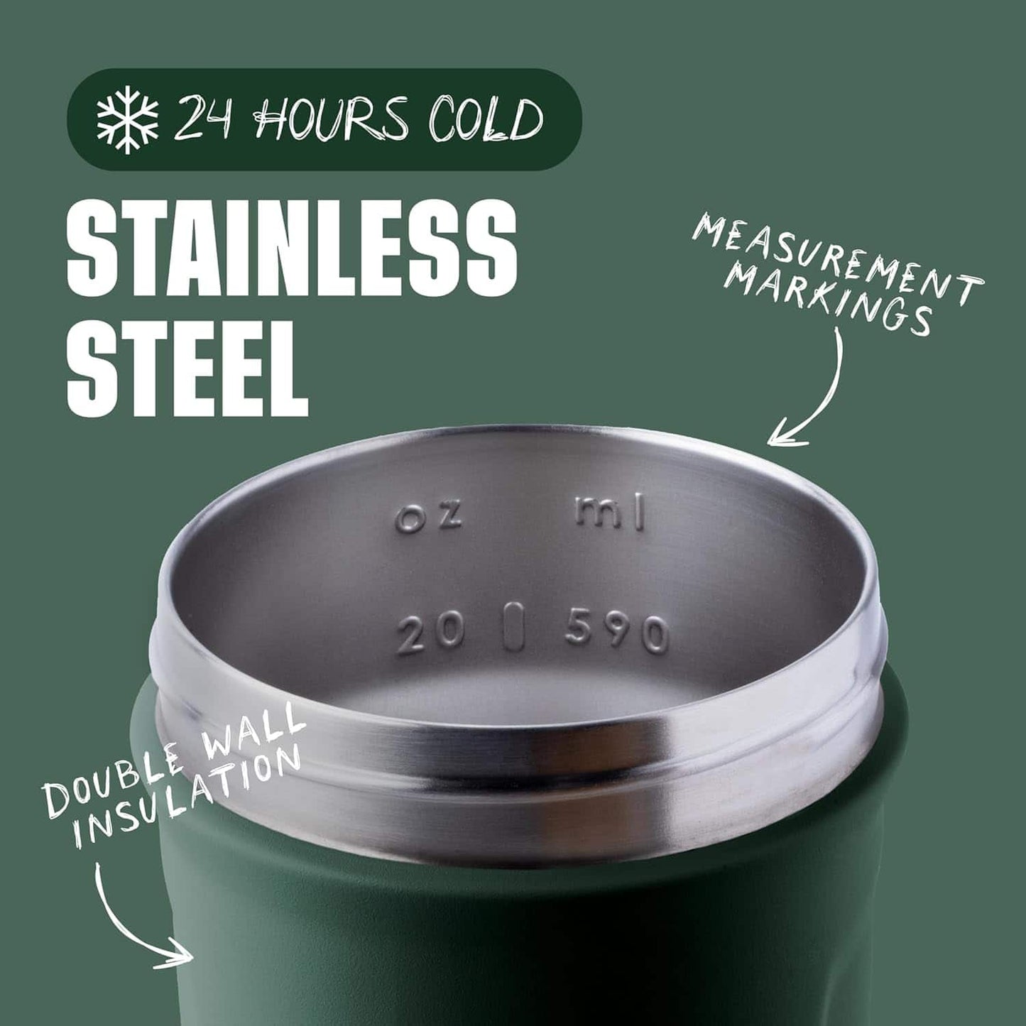 Stainless steel travel mug with measurement markings on a green background