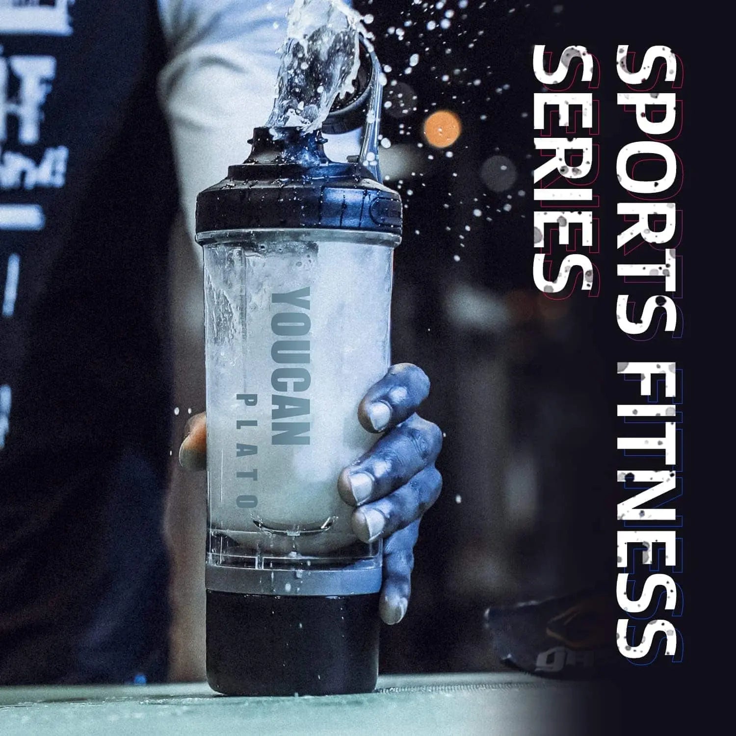 Person holding a Yougan Plato shaker bottle with 'Sports Fitness Series' text on a dark background
