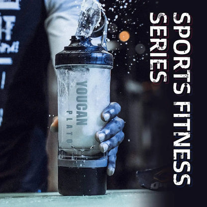 Person holding a Yougan Plato shaker bottle with 'Sports Fitness Series' text on a dark background