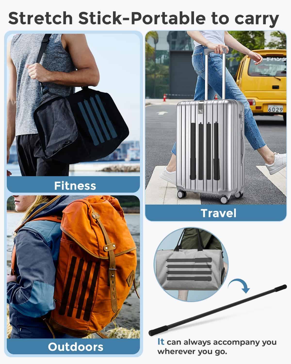 Stretch Stick being used for fitness, travel, and outdoors with text indicating its portability.