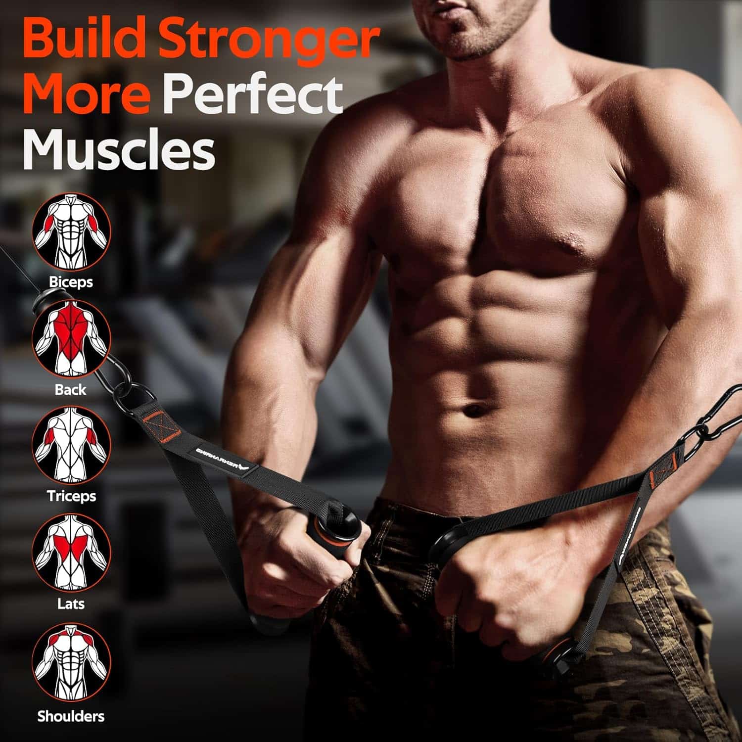 Man using resistance bands with text about building muscles in a gym setting