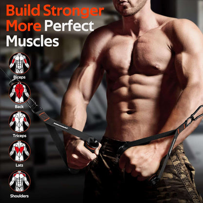 Man using resistance bands with text about building muscles in a gym setting