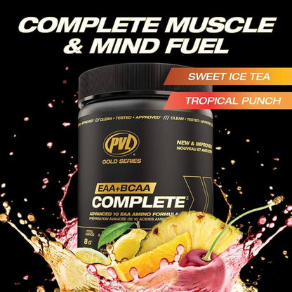 PVD Gold Series EAA+BCAA Complete supplement container with fruit graphics on a black background