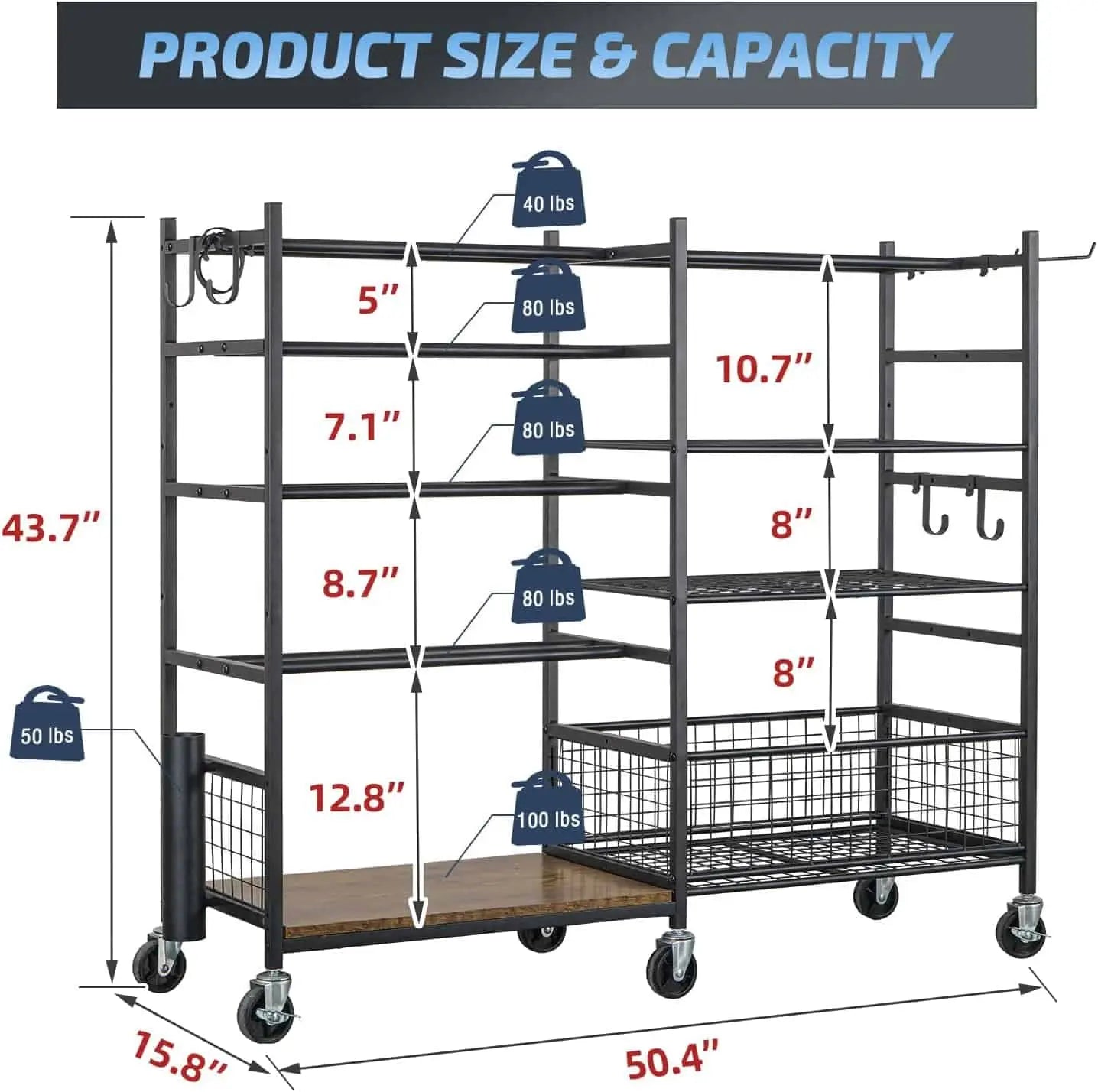 Measurement chart of a metal shelving unit with dimensions and weight capacity labels.
