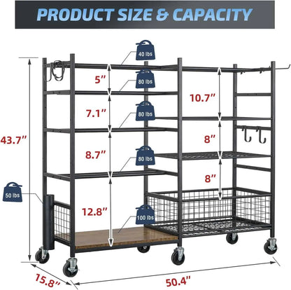 Measurement chart of a metal shelving unit with dimensions and weight capacity labels.