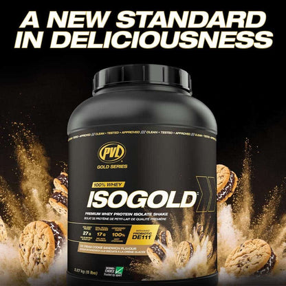 ISOGOLD protein powder container with cookies in the background and text 'A New Standard in Deliciousness' on a black background.