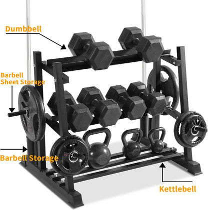 Black weight storage rack with dumbbells, barbells, and kettlebells labeled.