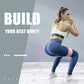 Woman in workout attire posing with text 'Build Your Best Booty' on a gray background