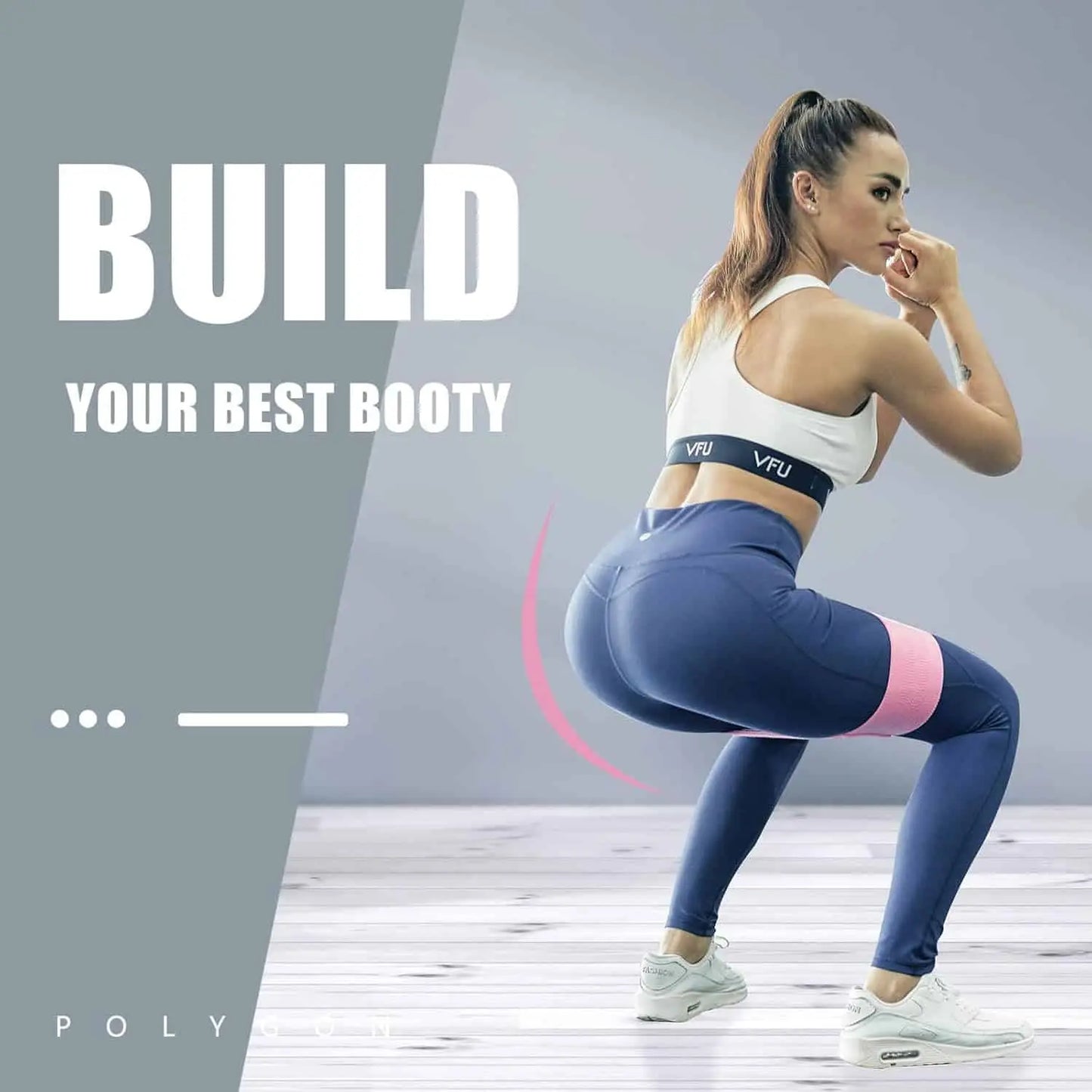 Woman in workout attire posing with text 'Build Your Best Booty' on a gray background