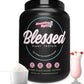 Black container of 'Blessed Plant Protein' with a strawberry milkshake and scoop of protein powder on a white background.