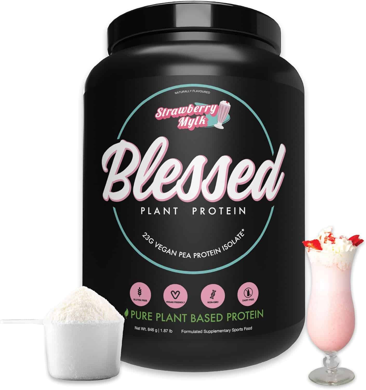 Black container of 'Blessed Plant Protein' with a strawberry milkshake and scoop of protein powder on a white background.