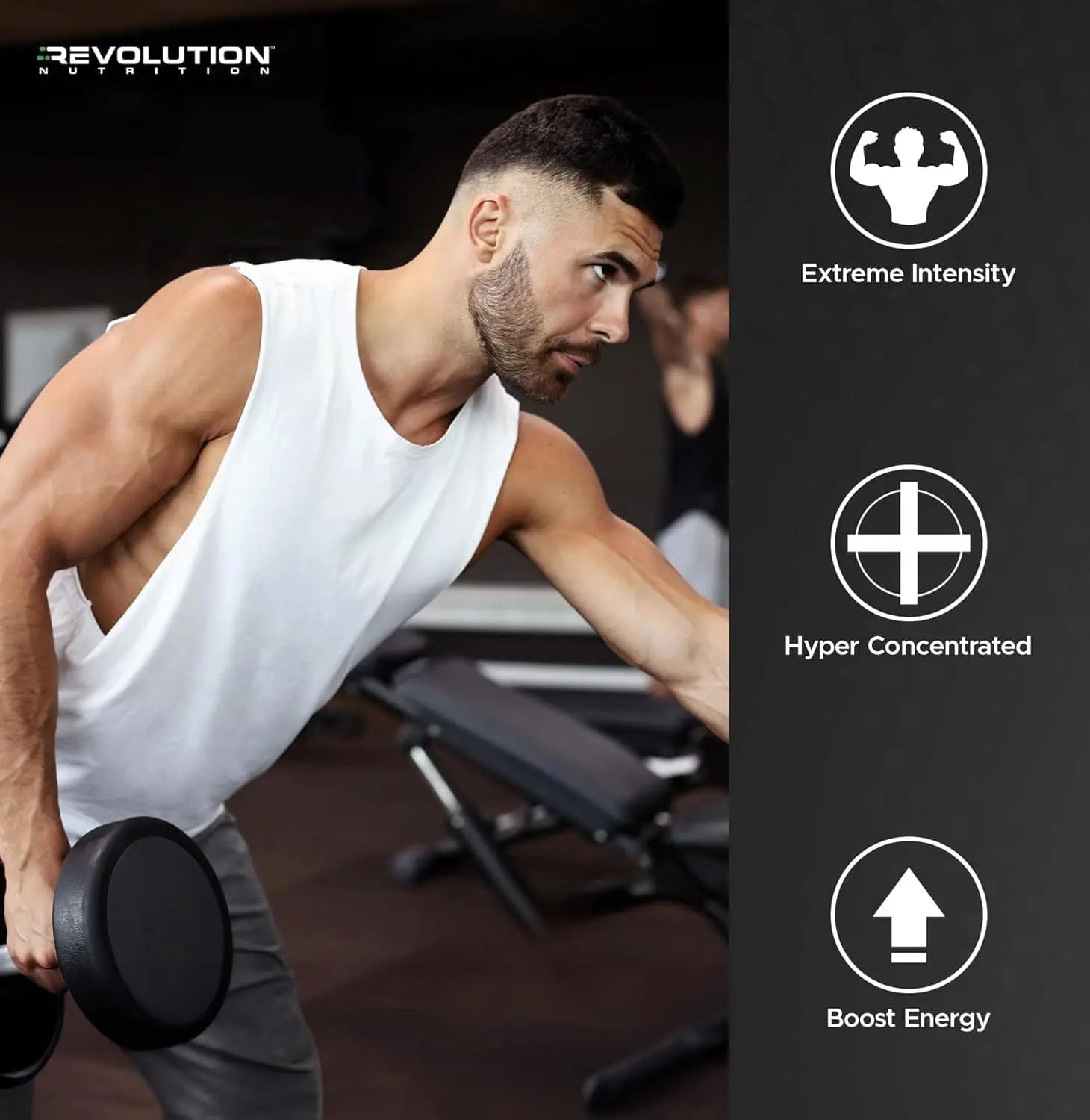 Man lifting weights in a gym with Revolution Nutrition branding and fitness benefits listed on the right.