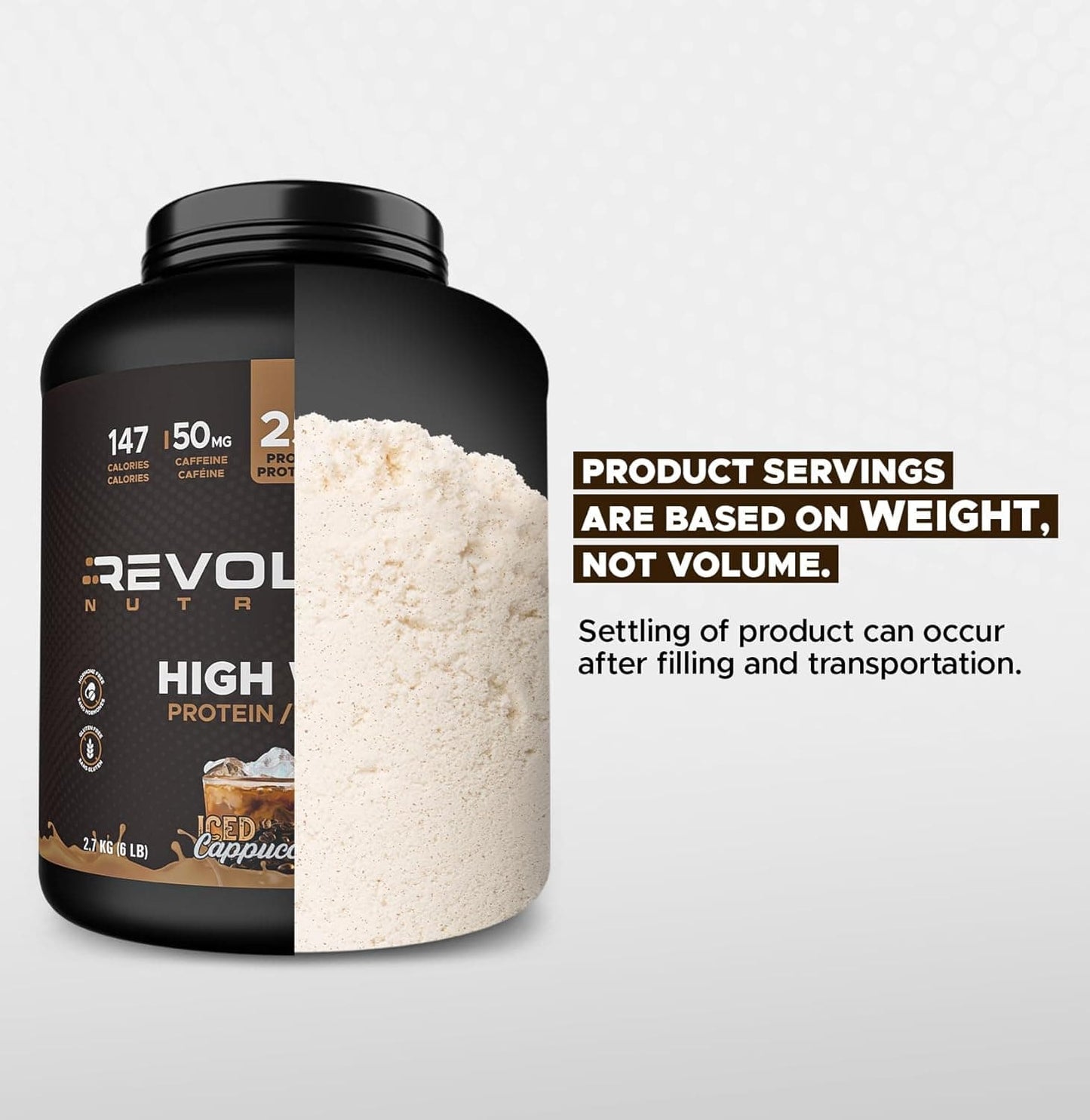 Revol Nutra high protein powder container with text about product servings.