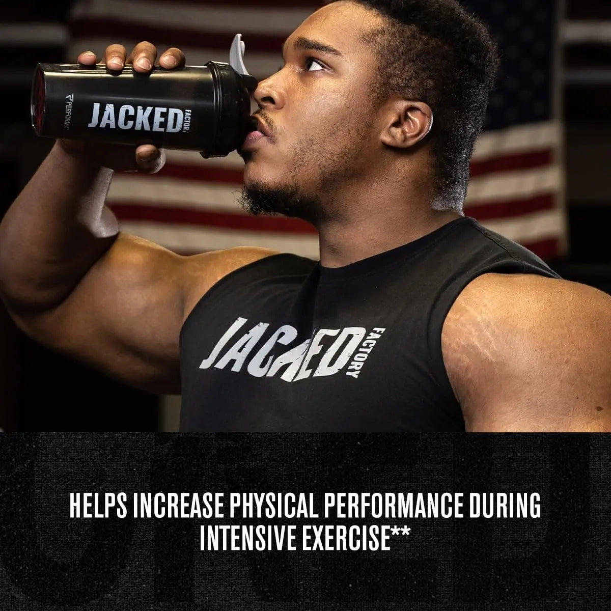 Man drinking from a 'Jacked' supplement bottle with an American flag in the background