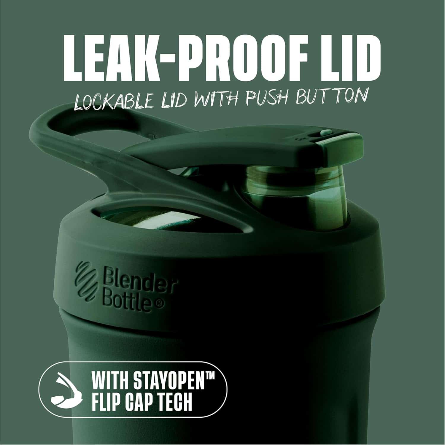Green blender bottle with leak-proof lid on a green background