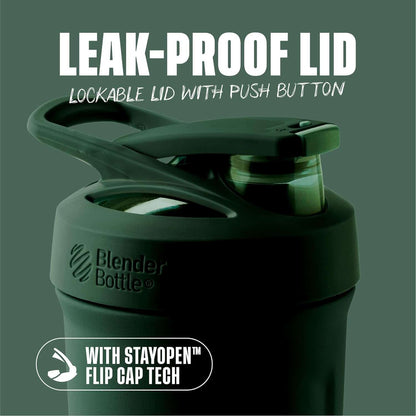 Green blender bottle with leak-proof lid on a green background