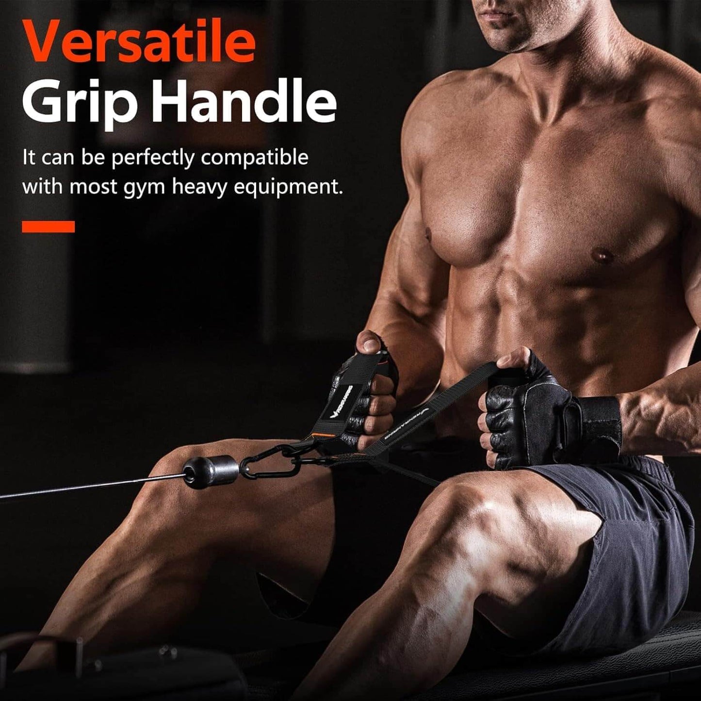 Man using gym equipment with a focus on a versatile grip handle, set against a dark background.