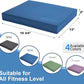 Blue exercise mat with dimensions and color options on a blue background
