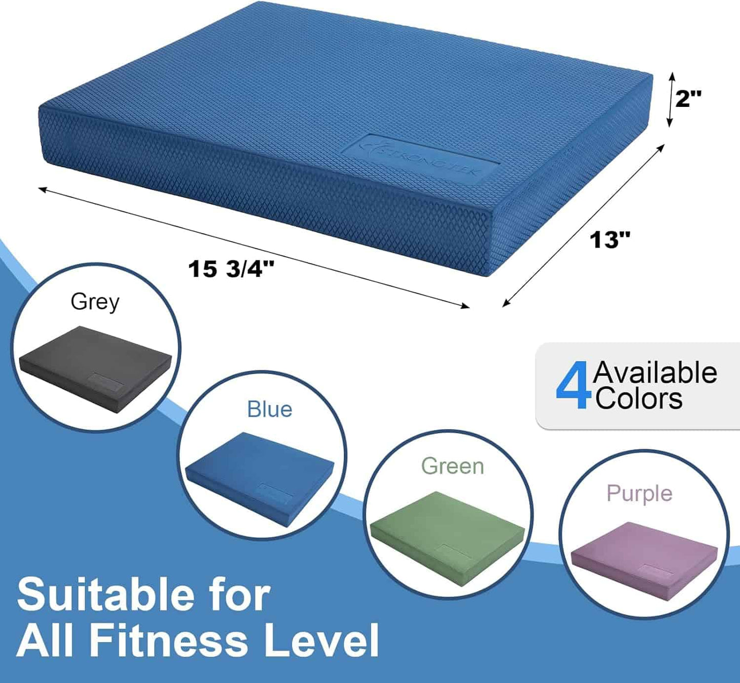 Blue exercise mat with dimensions and color options on a blue background