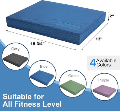 Blue exercise mat with dimensions and color options on a blue background