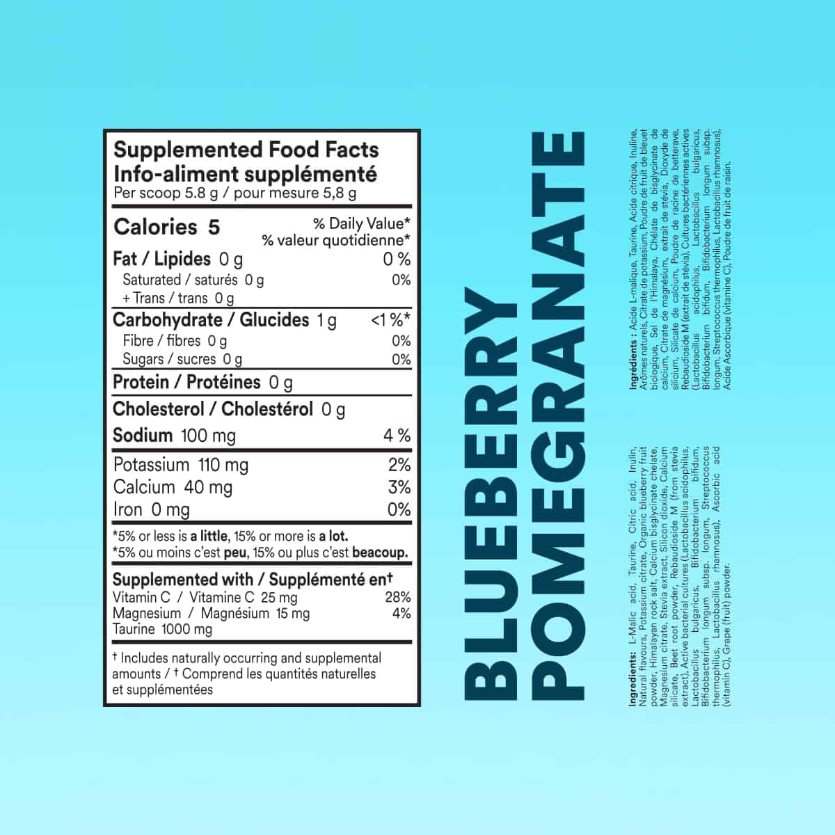 Nutritional label for a blueberry pomegranate supplement on a blue background