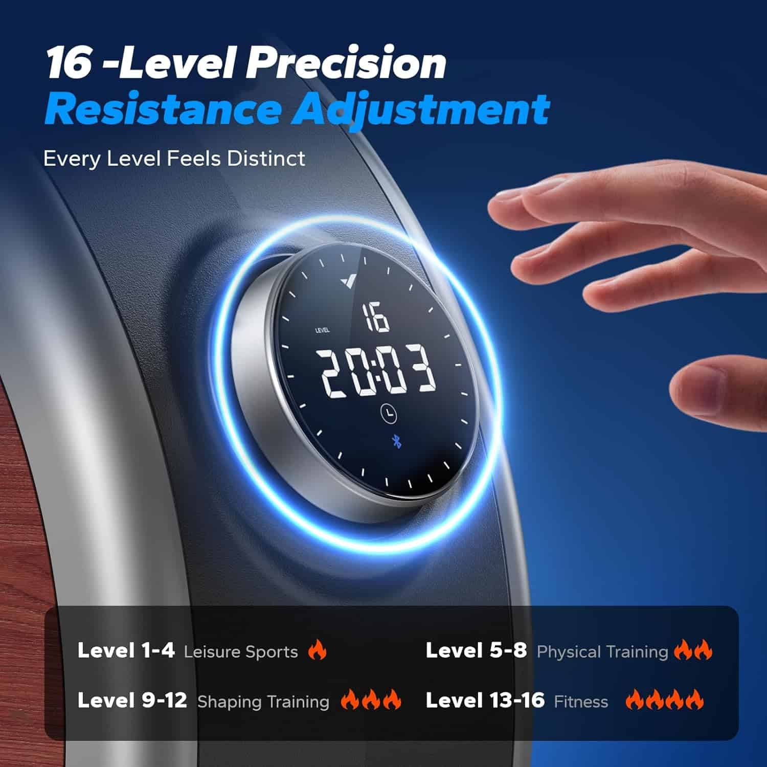Resistance adjustment dial on a piece of exercise equipment with a hand interacting with it, set against a blue background.
