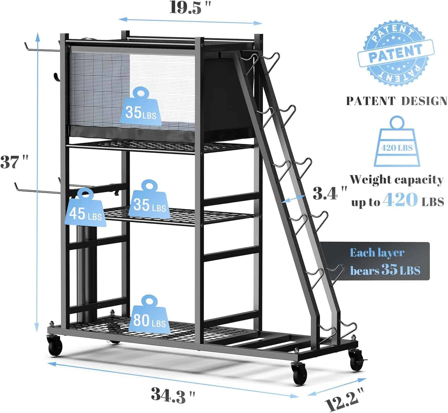 Multilevel metal cart with dimensions and weight capacity indicators on a white background